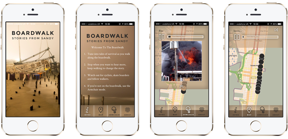 boardwalk stories from sandy app interface on 4 white iphone screens
