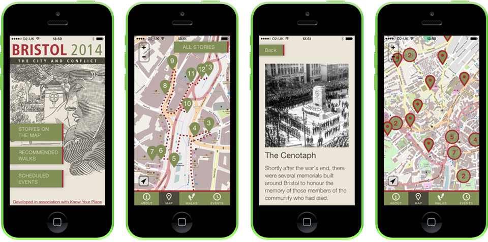 Four mobile screens showing the Bristol 2014: The City and Conflict app, featuring interactive maps, walking routes, and stories commemorating WWI centenary events across Bristol.