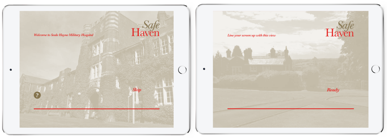 Mock ups of the Safe Haven app on white ipads. The sepia images are translucent and the copy font is red. 