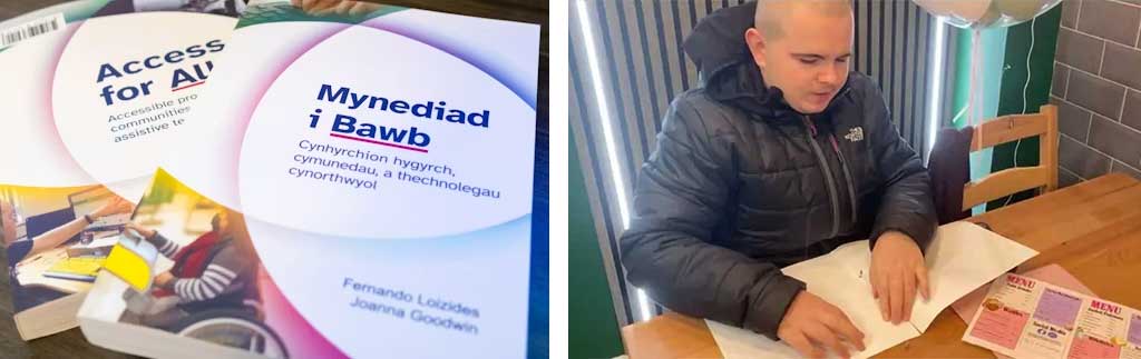 Two photos. Left: two printed copies of new guidance. Right: person reading Braille menu in a cafe.