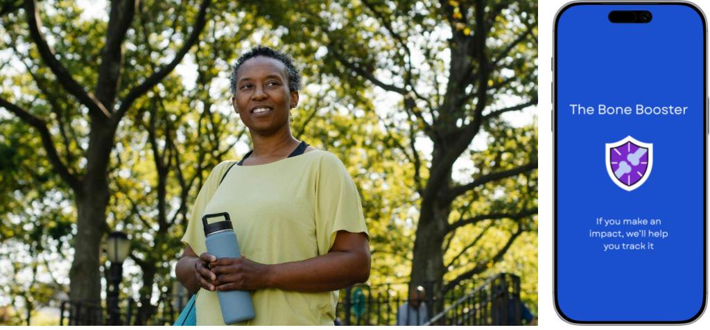 Screengrab of loading screen of app with logo, and photo of a mature woman walking in a park with a water bottle.