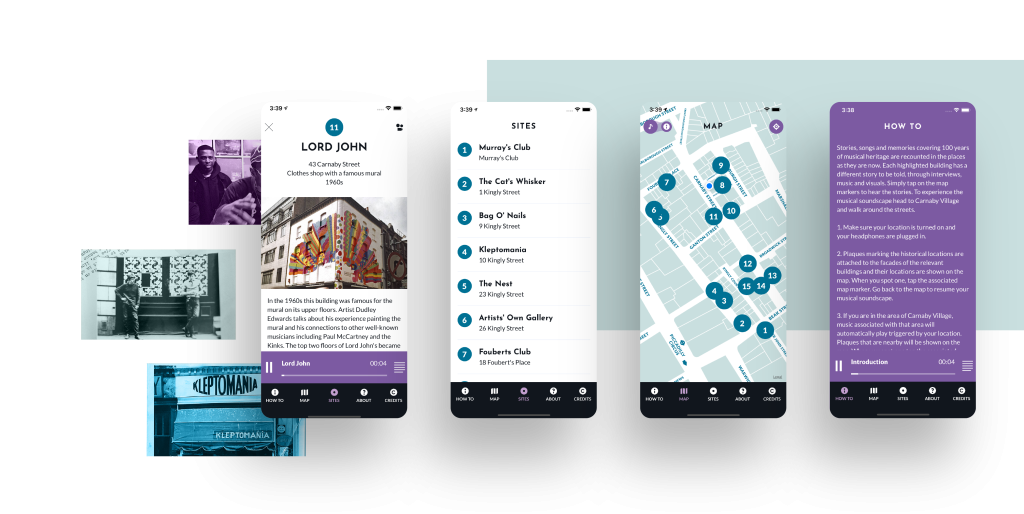 Carnaby Echoes app interface showing historical sites list, map, and stories about London’s musical heritage.
