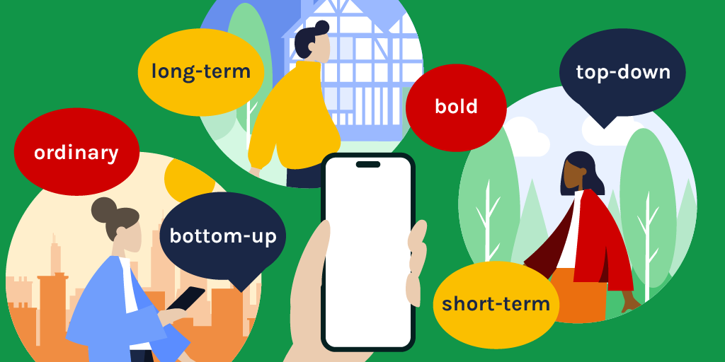 Illustration of people in different environments, hand holding phone at centre. floating words - long-term, ordinary, bottom-up, short-term, bold, top-down
