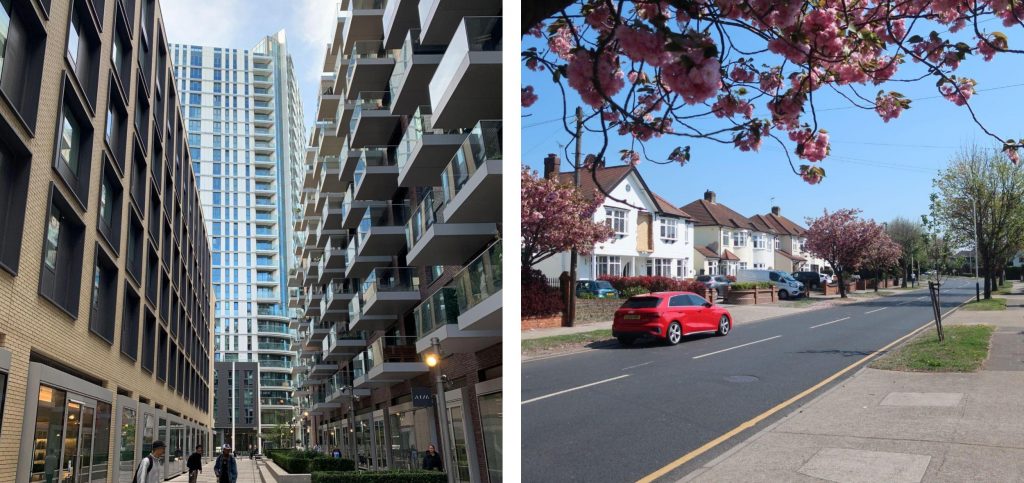 Left photo: tower blocks. Right photo: suburban leafy street