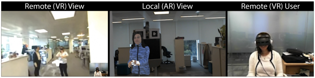 Images of Local (AR), Remote (VR) and VR user views of an office