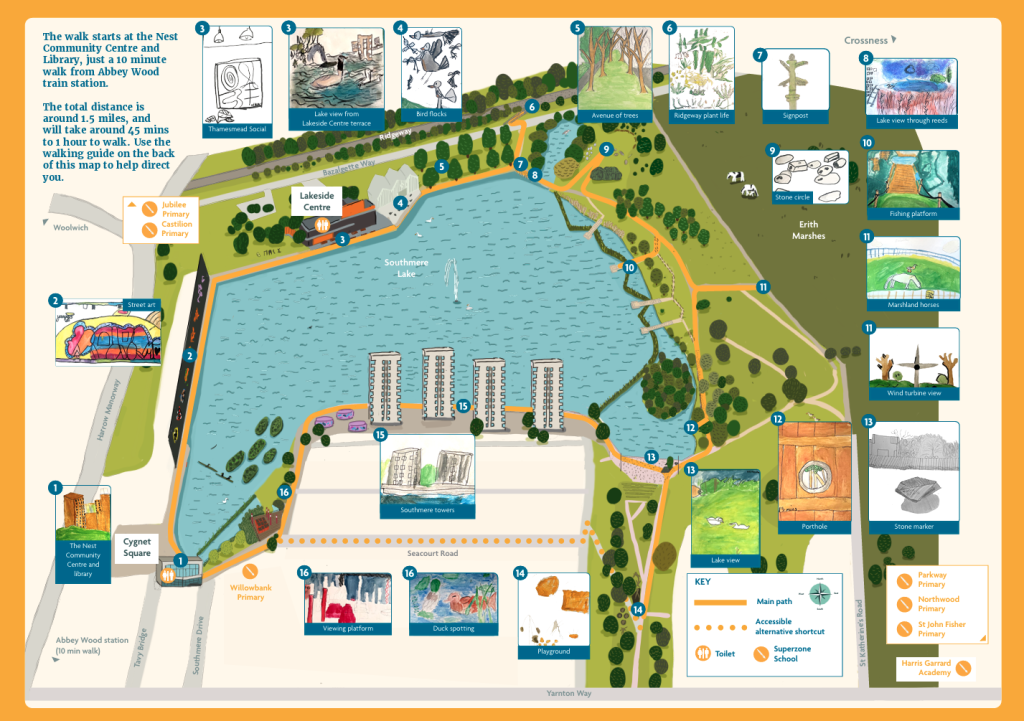 Map of lake and parkland, with children's drawings, points of interest, facilities and paths.