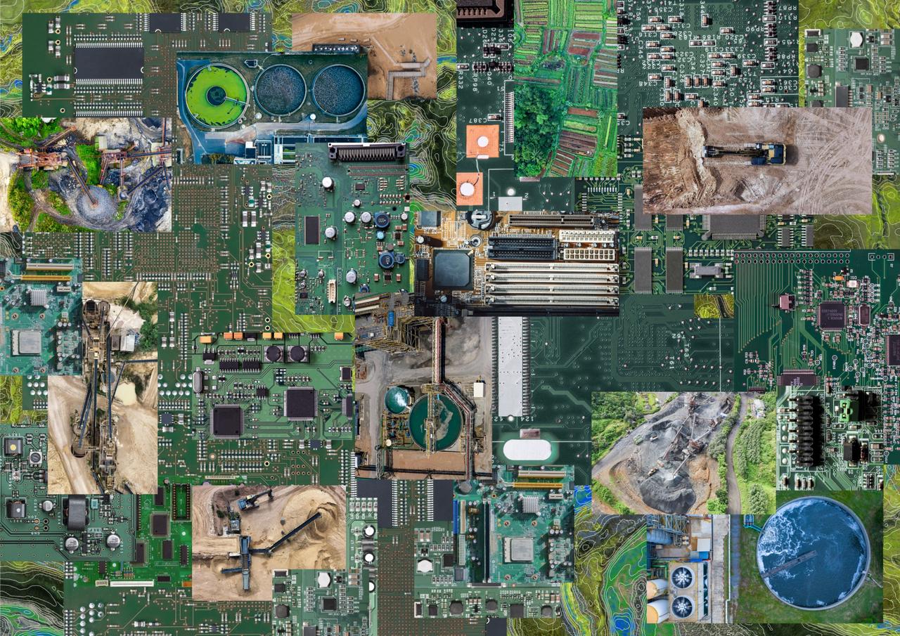 Illustration made of circut boards, farming and landscape images.