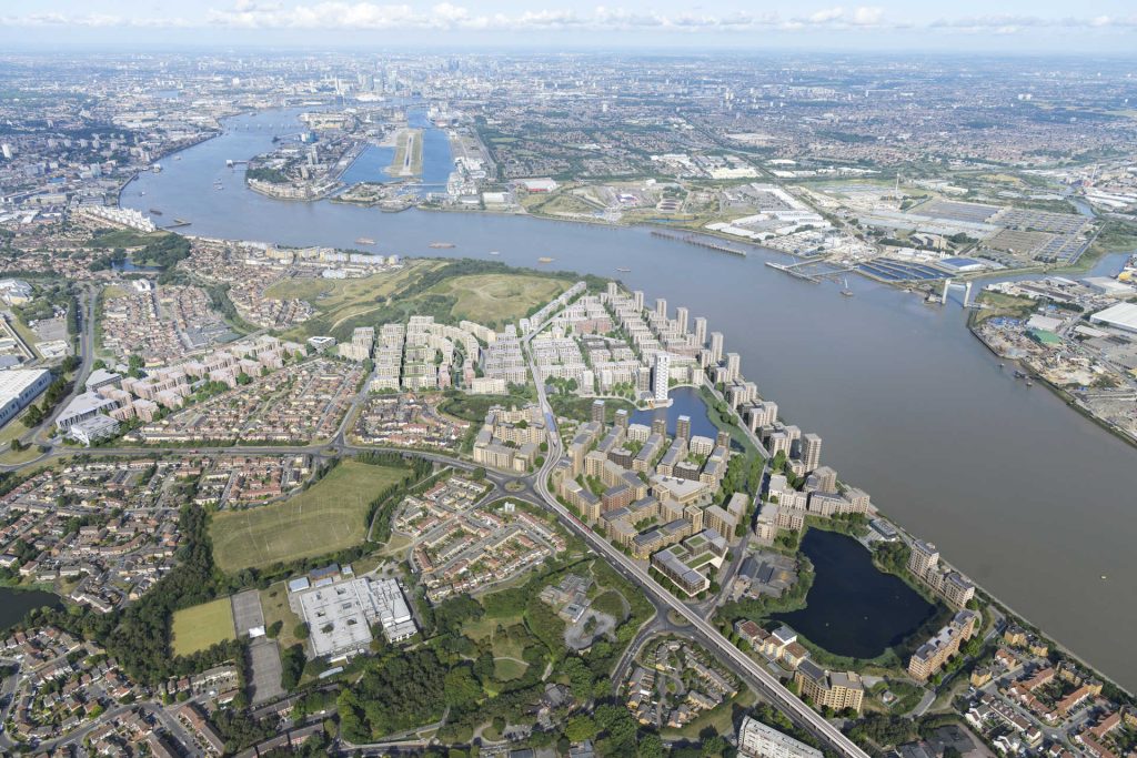 Aerial view of area of south London, with added planned buildings and landscaping.