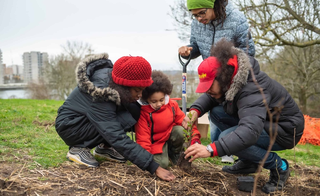 Family group planting a tree in a park, with tower blocks in far distance.