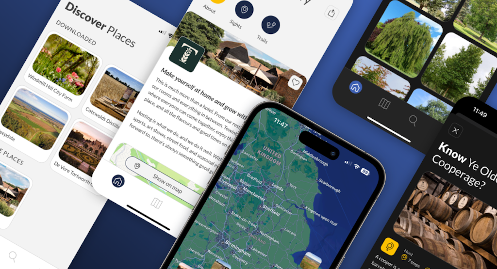 Visit A Venue screengrabs, with maps, audio, photos, facility information, and places menu.