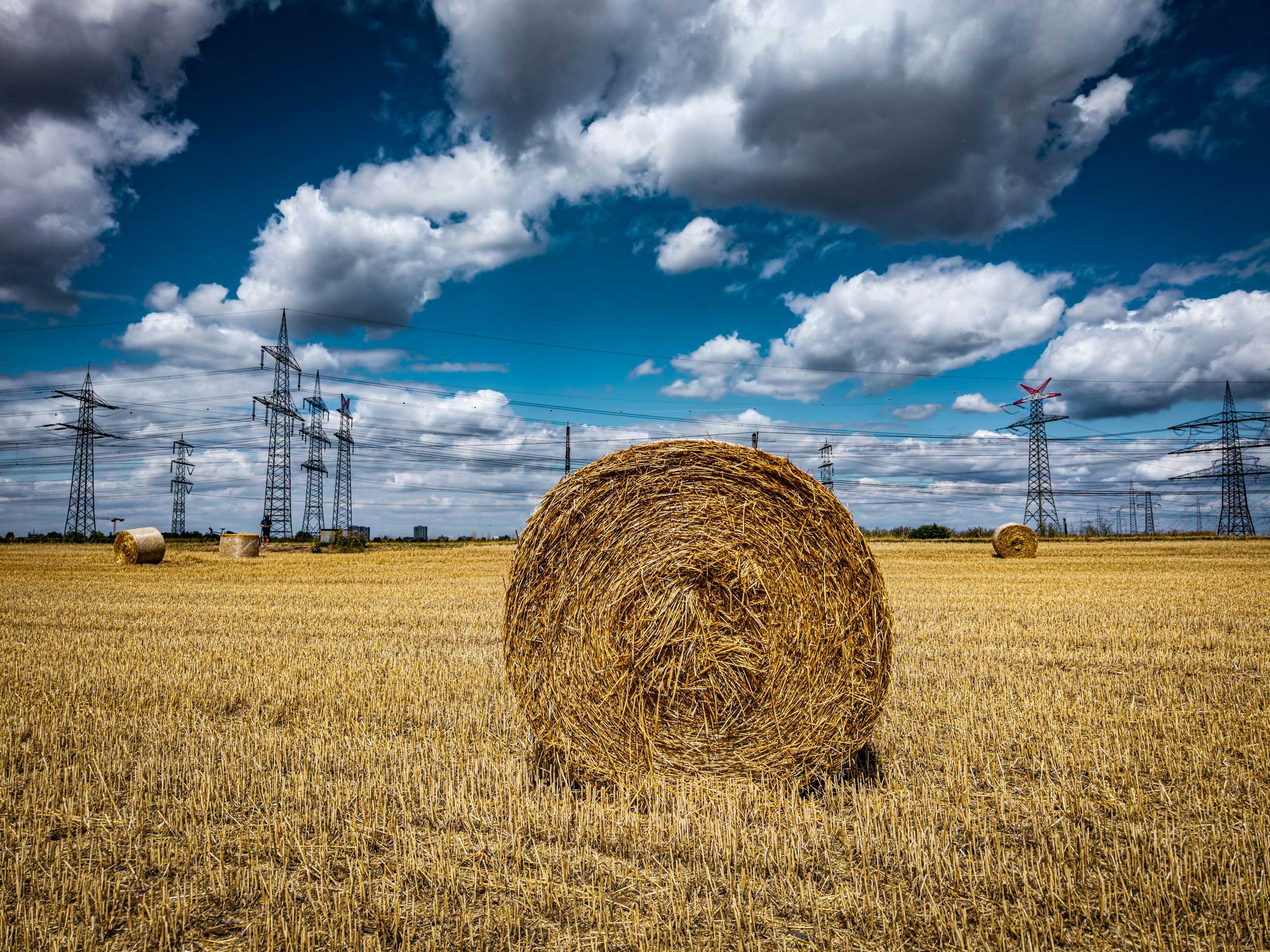 Bale of hay in a dry, yellow field, with pylons and blue sky behind.