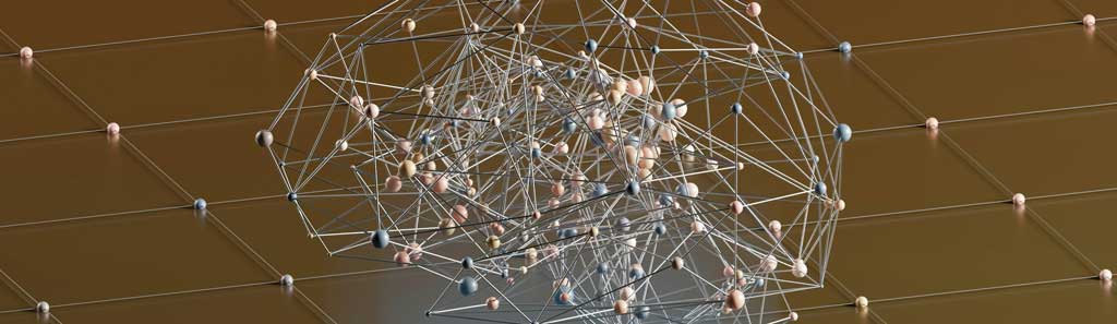Illustration of a messy network of sphere nodes connected by lines.