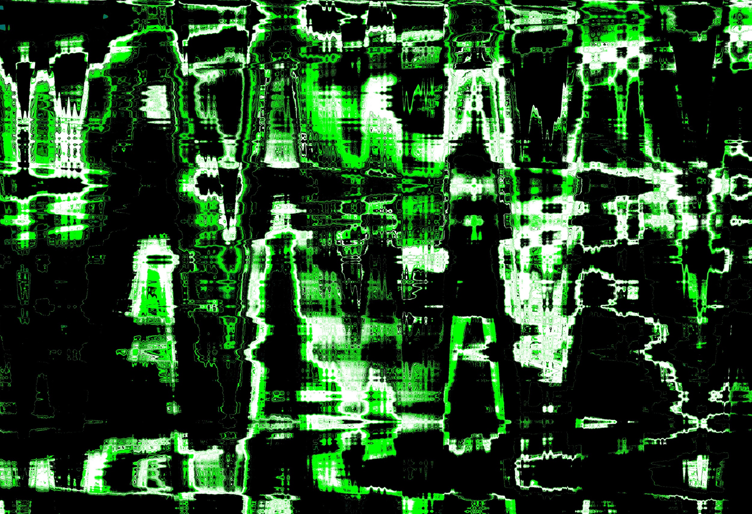 A chaotic, high-contrast digital pattern of neon green and white data streams on black, symbolising raw code or digital energy consumption.