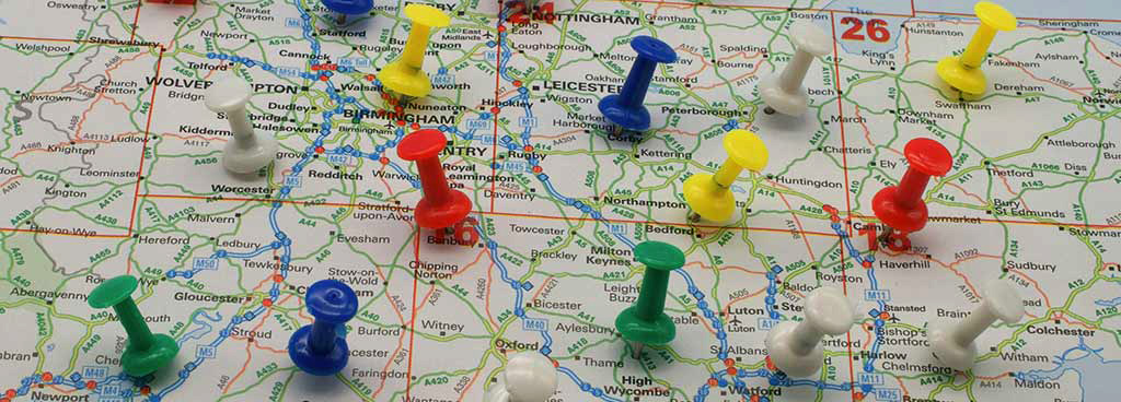 Pins in a map of central-southern England.