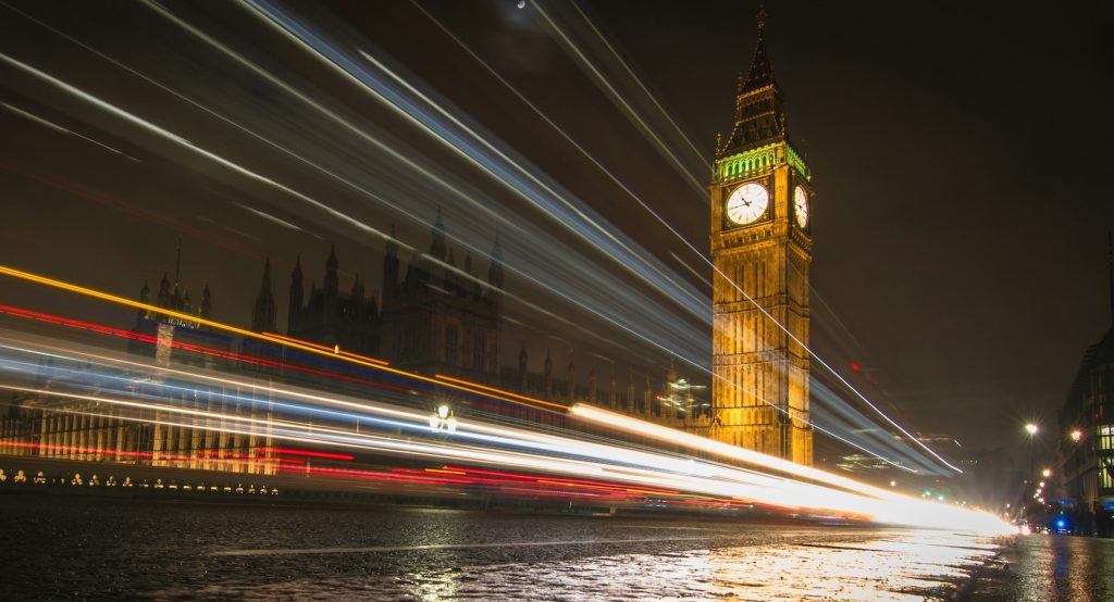 Night view of the Houses of Parliament, with diagonal streaks of lights from traffic.