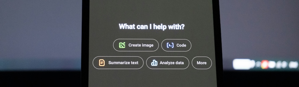 Screengrab of phone with LLM starter screen "What can I help you with?" Icons for create image, code, summarise text, analyse data and 'more'.
